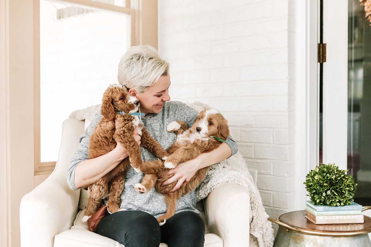 Becca holding Goldendoodle puppies