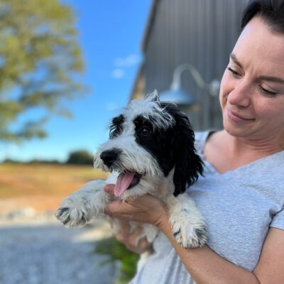 sheepadoodle breeder with her puppy